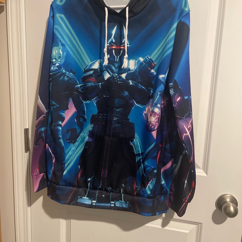 Blue and Black 3D Wraparound Graphic Fortnite Hoodie Mens size L